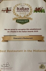 Giancarlo's Restaurant Italian Awards Finalist 2023.